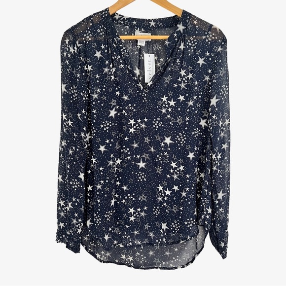 Velvet by Graham Spencer Navy/ White Star Print Silk Blouse S NWT ($198)